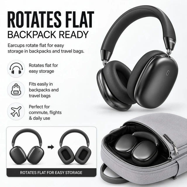 Alt view image 7 of 7 - Wireless Over Ear Headphones,Active Noise Cancelling,Bluetooth 100H,Black Hi-Res Audio/Deep Bass, ANC,Lightweight Fit Soft Ear Cups Headsets Built-in Mic,for Pad/Cellphone/Travel/Home/Office