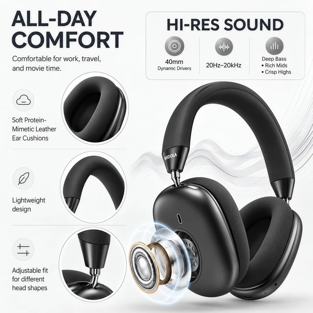 Alt view image 6 of 7 - Wireless Over Ear Headphones,Active Noise Cancelling,Bluetooth 100H,Black Hi-Res Audio/Deep Bass, ANC,Lightweight Fit Soft Ear Cups Headsets Built-in Mic,for Pad/Cellphone/Travel/Home/Office