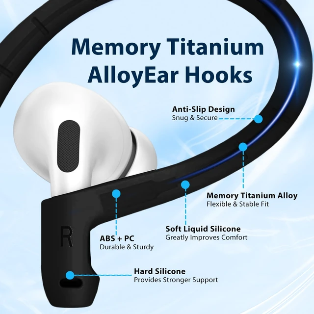 Alt view image 4 of 7 - Titanium Alloy Ear Hooks for Airpods 5/4/3/2/1,AirPods Pro 3/Pro 2/Pro 1 Added Anti-Lost Lanyard,Accessories That Fit SecurelyAnti Slip Sports Clip Hooks,Silicone Material, Soft Comfortable (Black)