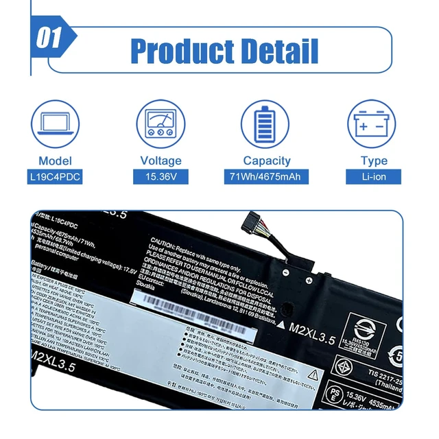 Alt view image 5 of 7 - L19C4PDC L19L4PDC 71Wh Battery Replacement for Lenovo Ideapad Yoga 7-14ITL5 82BH 7-15ITL5 82BJ 7-14ACN6 Series Laptop L19M4PDC 5B10Z26482 SB10Z26481 5B10Z26485 SB10Z26483