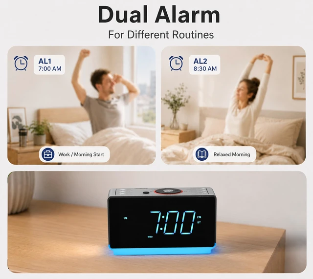 Alt view image 2 of 7 - Alarm Clock Radio with Bluetooth Speaker, FM Radio and Dual Alarm Large LED Display, USB Charging Port, Adjustable Brightness, Snooze, Two-Level Night Light, Sleep Timer, Auto Time Setting