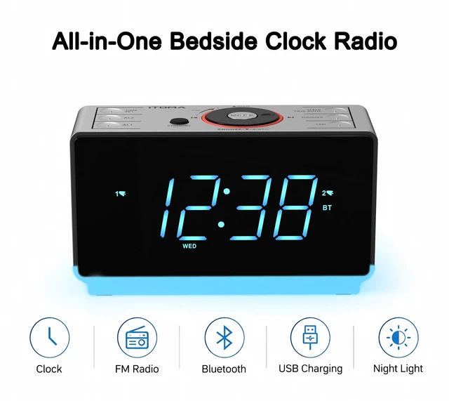 Alt view image 3 of 7 - Alarm Clock Radio with Bluetooth Speaker, FM Radio and Dual Alarm Large LED Display, USB Charging Port, Adjustable Brightness, Snooze, Two-Level Night Light, Sleep Timer, Auto Time Setting