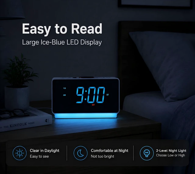 Alt view image 4 of 7 - Alarm Clock Radio with Bluetooth Speaker, FM Radio and Dual Alarm Large LED Display, USB Charging Port, Adjustable Brightness, Snooze, Two-Level Night Light, Sleep Timer, Auto Time Setting