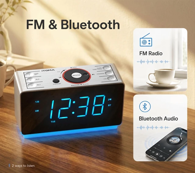 Alt view image 5 of 7 - Alarm Clock Radio with Bluetooth Speaker, FM Radio and Dual Alarm Large LED Display, USB Charging Port, Adjustable Brightness, Snooze, Two-Level Night Light, Sleep Timer, Auto Time Setting