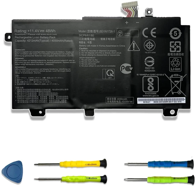 Main image of 48Wh B31N1726-1 B31N1726 Laptop Battery for ASUS TUF Gaming FX504 FX505 11.4V 4212mAh Battery Replacement for ASUS TUF Gaming FX505DU FX504GD A15 FX505GT Series; P/N: B31N1726 B31BN91 B31BNEH