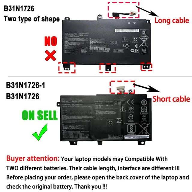 Alt view image 4 of 7 - 48Wh B31N1726-1 B31N1726 Laptop Battery for ASUS TUF Gaming FX504 FX505 11.4V 4212mAh Battery Replacement for ASUS TUF Gaming FX505DU FX504GD A15 FX505GT Series; P/N: B31N1726 B31BN91 B31BNEH