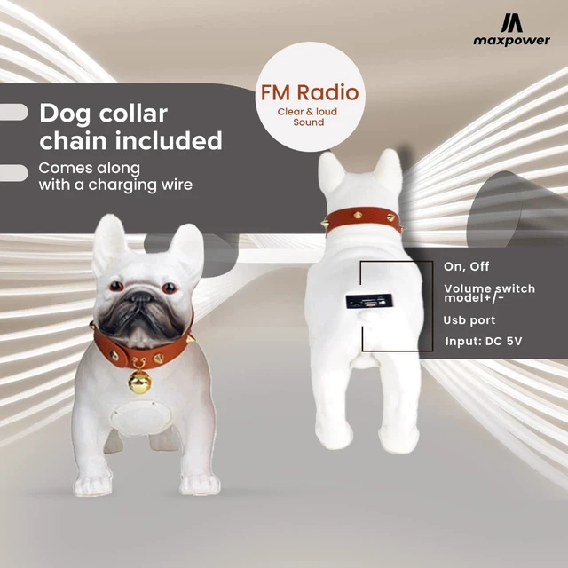 Alt view image 4 of 6 - Bulldog Style Bluetooth Speaker - MD568 - Rechargeable Battery, FM Radio - White - Dog Collar Included