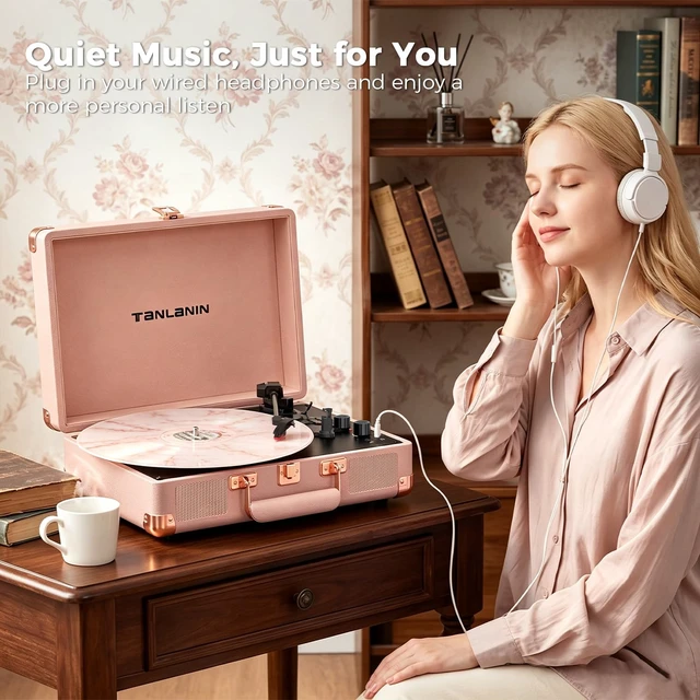 Alt view image 3 of 7 - Portable Record Player with Bluetooth Input, 3-Speed Belt-Drive Suitcase Turntable, Built-in Stereo Speakers, Bass/Treble Control, RCA Output, AUX Input & Headphone Jack, Pastel Pink