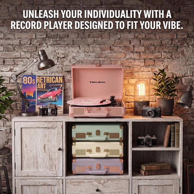 Alt view image 2 of 7 - Portable Record Player with Bluetooth Input, 3-Speed Belt-Drive Suitcase Turntable, Built-in Stereo Speakers, Bass/Treble Control, RCA Output, AUX Input & Headphone Jack, Pastel Pink