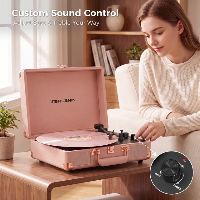 Alt view image 7 of 7 - Portable Record Player with Bluetooth Input, 3-Speed Belt-Drive Suitcase Turntable, Built-in Stereo Speakers, Bass/Treble Control, RCA Output, AUX Input & Headphone Jack, Pastel Pink