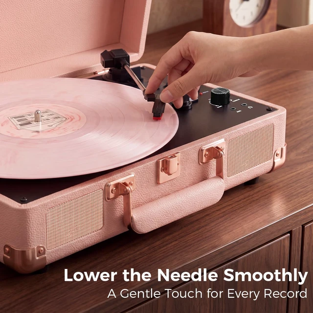 Alt view image 5 of 7 - Portable Record Player with Bluetooth Input, 3-Speed Belt-Drive Suitcase Turntable, Built-in Stereo Speakers, Bass/Treble Control, RCA Output, AUX Input & Headphone Jack, Pastel Pink
