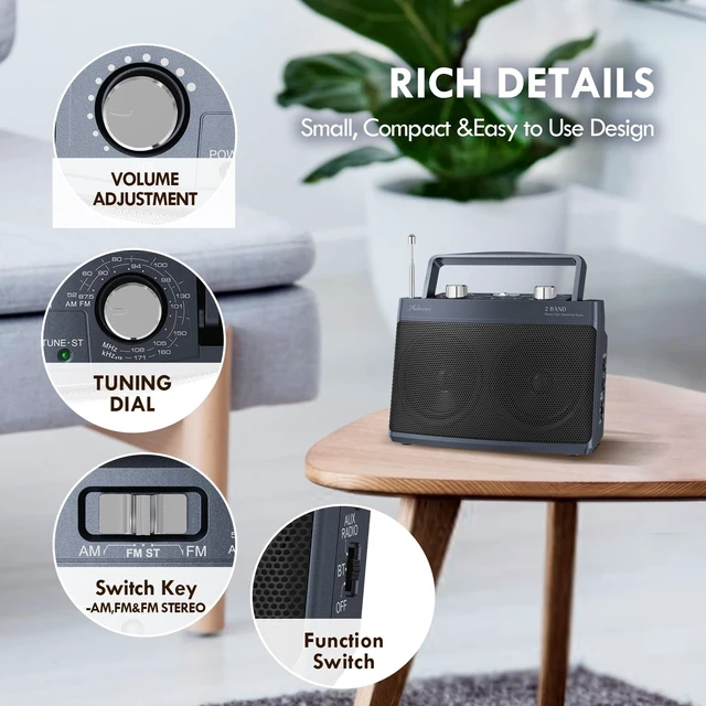 Alt view image 5 of 7 - Portable AM FM Bluetooth Radio Plug in Wall or Battery Operated Best Reception, Stereo Sound Speaker, Large Tuning Knob, Headphone Jack, Aux, For Elderly Seniors, Home Kitchen Outdoor