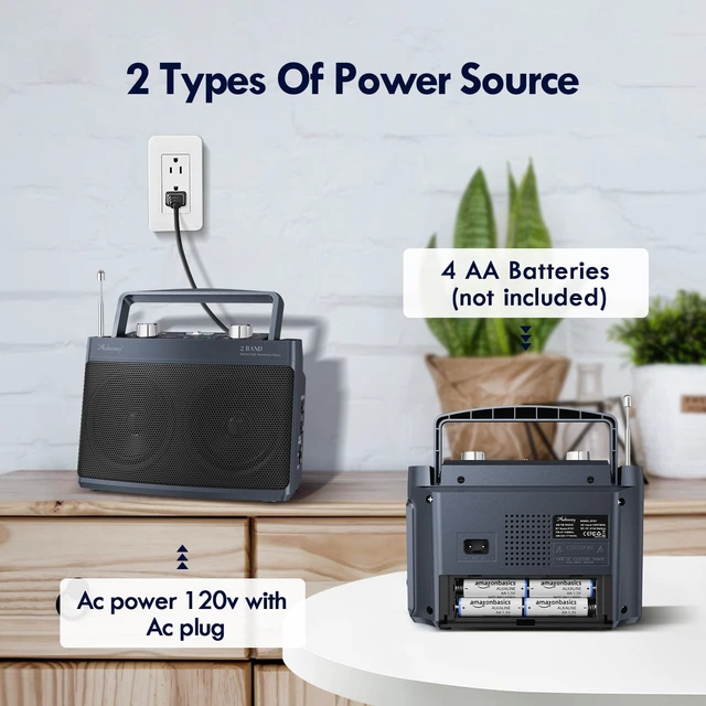 Alt view image 6 of 7 - Portable AM FM Bluetooth Radio Plug in Wall or Battery Operated Best Reception, Stereo Sound Speaker, Large Tuning Knob, Headphone Jack, Aux, For Elderly Seniors, Home Kitchen Outdoor