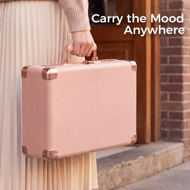 Alt view image 6 of 7 - Portable Record Player with Bluetooth Input, 3-Speed Belt-Drive Suitcase Turntable, Built-in Stereo Speakers, Bass/Treble Control, RCA Output, AUX Input & Headphone Jack, Pastel Pink