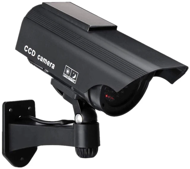 Main image of Dummy Solar Security Camera, Bullet Fake Surveillance System with Realistic Red Flashing Lights and Warning Sticker Indoor Outdoor (1, Black)