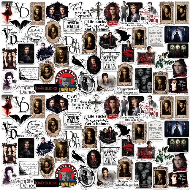 Main image of The Vampire Diaries 200 Sticker Pack Waterproof Vinyl Decals Officially Licensed Vampire Diaries Stickers Great for Water Bottles, Skateboards, Luggage, Laptops, Bumpers & Cars