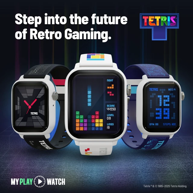 Alt view image 2 of 7 - Tetris Retro Gaming Arcade Smart Watch, No Wi-Fi or Bluetooth Built-in Tetris®, Custom Watch Faces, Classic Arcade Sound, Heart Rate Monitor, Fitness Tracking, IP67 Water Resistant