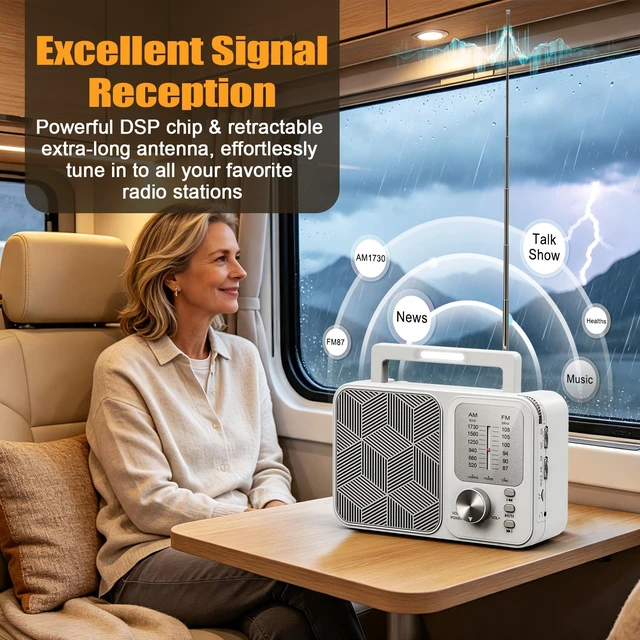 Alt view image 2 of 7 - Portable Radio AM FM, AC Power or Battery Operated Radio for Home Outdoor Transistor Radios with Bluetooth/TF Card Player, LED Light, Foldable Handle & Tuning Light, Gifts for Seniors