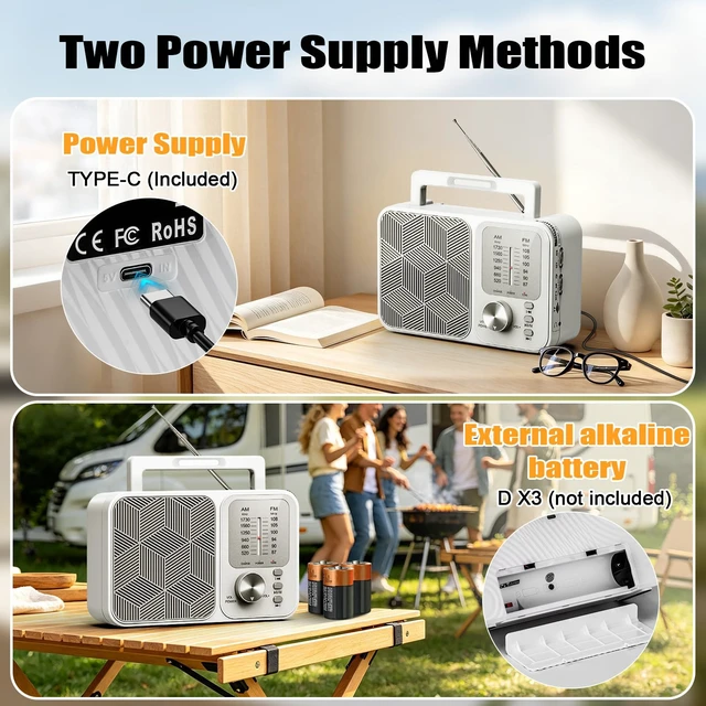 Alt view image 7 of 7 - Portable Radio AM FM, AC Power or Battery Operated Radio for Home Outdoor Transistor Radios with Bluetooth/TF Card Player, LED Light, Foldable Handle & Tuning Light, Gifts for Seniors