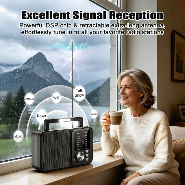 Alt view image 2 of 7 - Portable Radio AM FM with Bluetooth/TF Playback, USB-C or Battery Operated Transistor Radios with Excellent Reception, LED Light, Large Speaker, Foldable Handle & Tuning Light, Gifts for Seniors