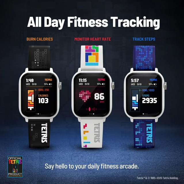 Alt view image 5 of 7 - Tetris Retro Gaming Arcade Smart Watch, No Wi-Fi or Bluetooth Built-in Tetris®, Custom Watch Faces, Classic Arcade Sound, Heart Rate Monitor, Fitness Tracking, IP67 Water Resistant