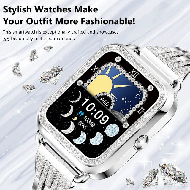 Alt view image 2 of 7 - Smart Watches for Women with Diamonds (Answer/Make Call), 1.57'' Bluetooth Smartwatch for Android iOS Phones, Waterproof Fitness Tracker with Heart Rate/SpO2/Sleep/BP/AI Voice (Silver)