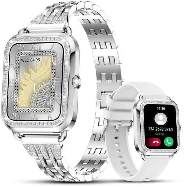 Main image of Smart Watches for Women with Diamonds (Answer/Make Call), 1.57'' Bluetooth Smartwatch for Android iOS Phones, Waterproof Fitness Tracker with Heart Rate/SpO2/Sleep/BP/AI Voice (Silver)