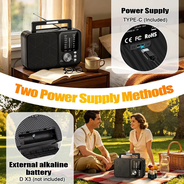 Alt view image 7 of 7 - Portable Radio AM FM with Bluetooth/TF Playback, USB-C or Battery Operated Transistor Radios with Excellent Reception, LED Light, Large Speaker, Foldable Handle & Tuning Light, Gifts for Seniors