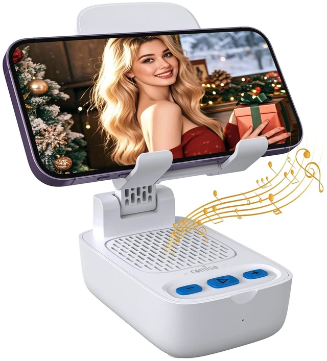 Main image of Phone Stand with Bluetooth Speaker, HD Stereo, Adjustable, Black 2-in-1 phone stand with wireless speaker; adjustable angle for viewing; compatible with iPhones, iPads, Samsung devices
