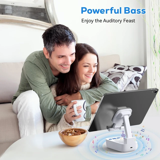 Alt view image 4 of 7 - Phone Stand with Bluetooth Speaker, HD Stereo, Adjustable, Black 2-in-1 phone stand with wireless speaker; adjustable angle for viewing; compatible with iPhones, iPads, Samsung devices
