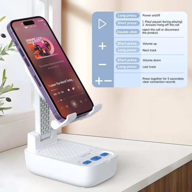 Alt view image 5 of 7 - Phone Stand with Bluetooth Speaker, HD Stereo, Adjustable, Black 2-in-1 phone stand with wireless speaker; adjustable angle for viewing; compatible with iPhones, iPads, Samsung devices