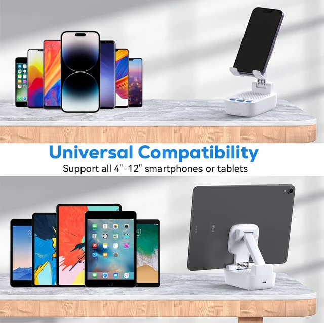 Alt view image 3 of 7 - Phone Stand with Bluetooth Speaker, HD Stereo, Adjustable, Black 2-in-1 phone stand with wireless speaker; adjustable angle for viewing; compatible with iPhones, iPads, Samsung devices