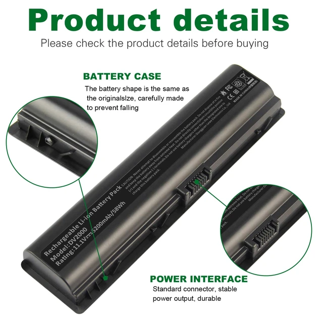 Alt view image 3 of 7 - DV2000 Laptop Battery for HP Pavilion dv2000 dv2100 dv2200 dv2400 dv6000 dv6100 dv6300 dv6500 dv6700 Compaq Presario C700 V6000 A900 F500, PN: HSTNN-OB31, 5200mAh/11.1V/6 Cell