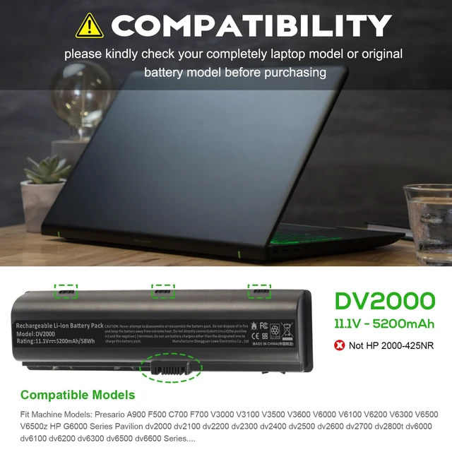 Alt view image 6 of 7 - DV2000 Laptop Battery for HP Pavilion dv2000 dv2100 dv2200 dv2400 dv6000 dv6100 dv6300 dv6500 dv6700 Compaq Presario C700 V6000 A900 F500, PN: HSTNN-OB31, 5200mAh/11.1V/6 Cell