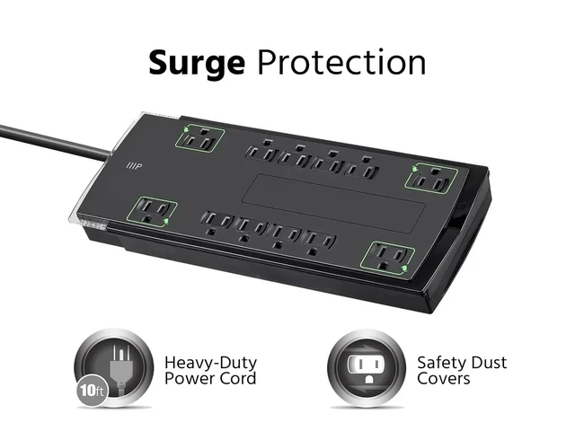Alt view image 3 of 5 - 12 Outlet Slim Surge Protector - UL Rated, 4,230 Joules, Grounded and Protected Light Indicator, 10 Feet, Black (Pack of 2)