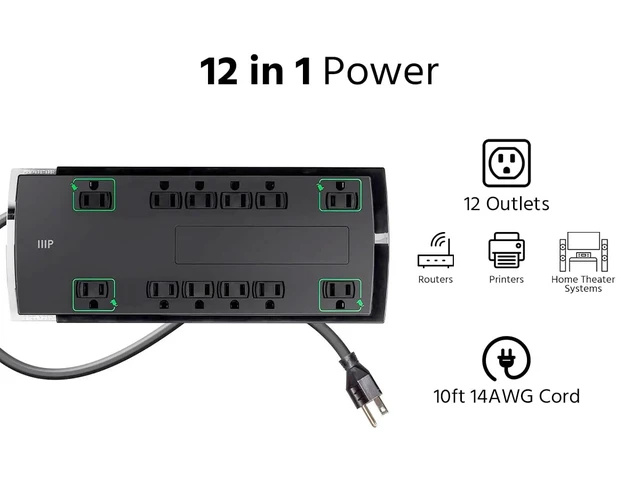 Alt view image 4 of 5 - 12 Outlet Slim Surge Protector - UL Rated, 4,230 Joules, Grounded and Protected Light Indicator, 10 Feet, Black (Pack of 2)