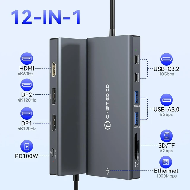 Alt view image 2 of 7 - USB C Laptop Docking Station 3 Monitors with Dual DisplayPort 4K@120Hz and HDMI 4K@60Hz, 12 in 1 Thunderbolt Hub with USB A 3.0, USB C 3.2, Ethernet, SD, TF, PD 100W