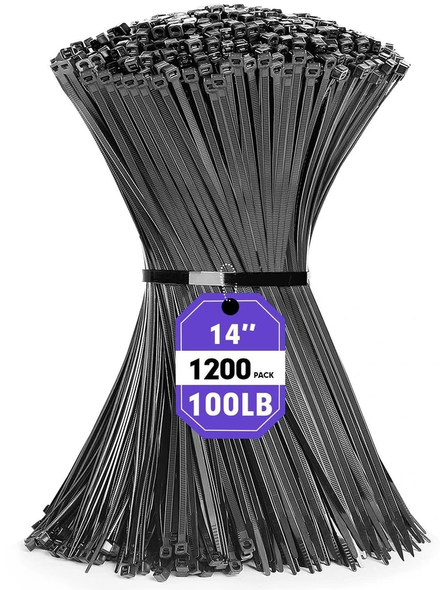 Main image of Zip Ties, 1200pcs Black Cable Zip Ties 14 Inch, Heavy Duty Plastic Wire Ties with 100lb Tensile Strength, Self-Locking Black Nylon Tie Wraps for Indoor and Outdoor