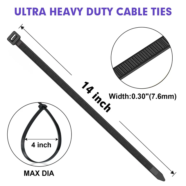 Alt view image 2 of 7 - Zip Ties, 1200pcs Black Cable Zip Ties 14 Inch, Heavy Duty Plastic Wire Ties with 100lb Tensile Strength, Self-Locking Black Nylon Tie Wraps for Indoor and Outdoor