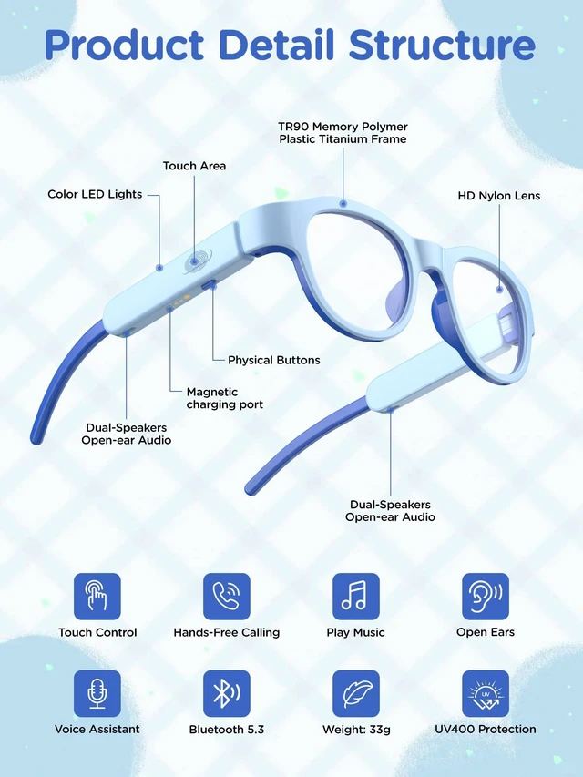 Alt view image 2 of 6 - Kids Smart Glasses with LED Lights, Bluetooth 5.4 Open-Ear Audio, Touch Control, Magnetic Charging, Ages 6-12 (Blue)