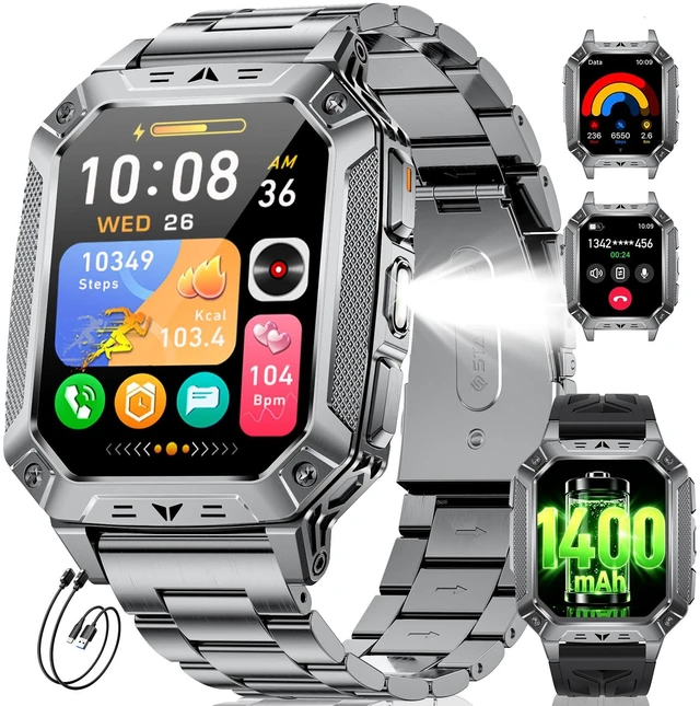 Main image of Military Smart Watch for Men, 2.01" Large Screen with Flashlight, 100Day Long Battery, Answer/Make Calls, 100+ Sports Modes, IP68 Waterproof Outdoor Fitness Tracker for Android & iPhone