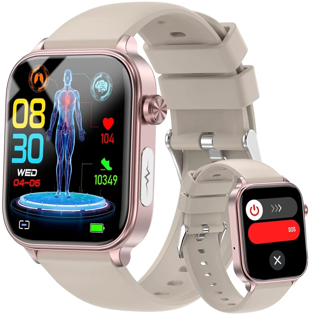 Main image of Smart Watch for Men Women (Answer/Make Calls), 1.96" HD Screen Fitness Watch with Blood Pressure/Heart Rate/Sleep/Body Temperature/Stress Monitor, SOS Button, IP68 Waterproof (Khaki)