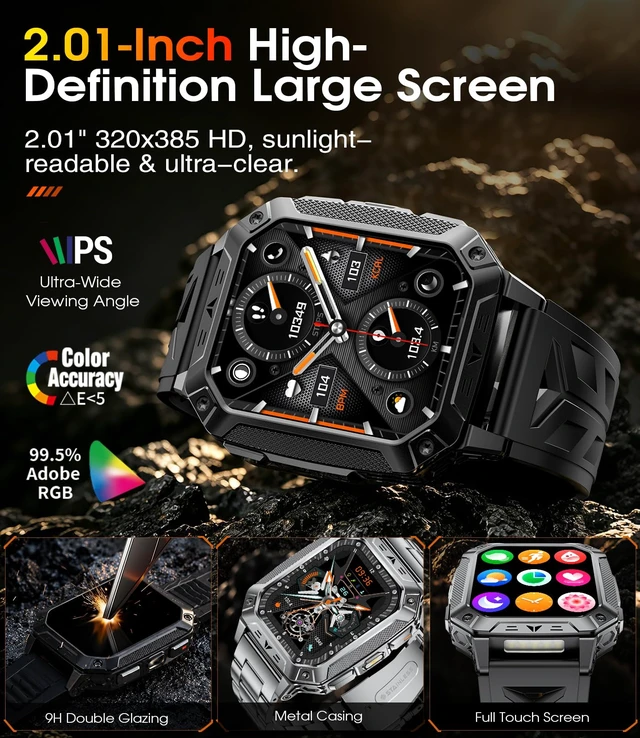 Alt view image 2 of 7 - Military Smart Watch for Men, 2.01" Large Screen with Flashlight, 100Day Long Battery, Answer/Make Calls, 100+ Sports Modes, IP68 Waterproof Outdoor Fitness Tracker for Android & iPhone