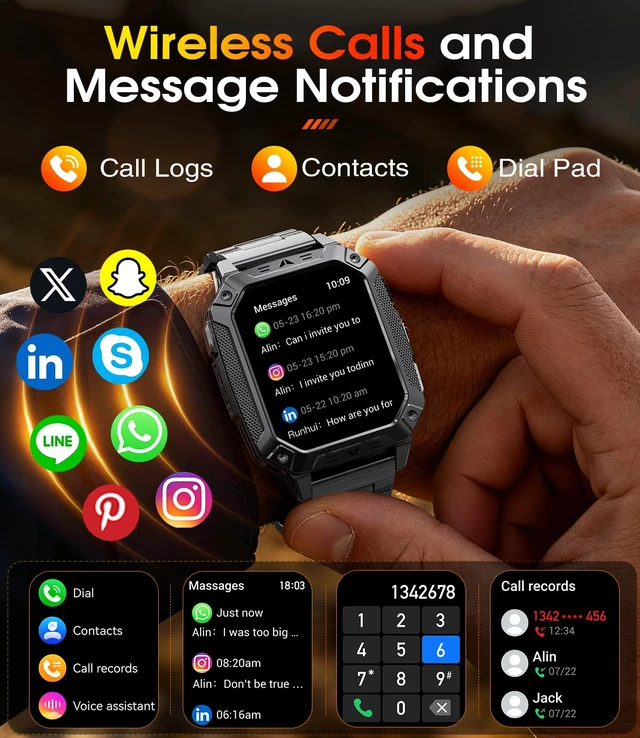 Alt view image 6 of 7 - Military Smart Watch for Men, 2.01" Large Screen with Flashlight, 100Day Long Battery, Answer/Make Calls, 100+ Sports Modes, IP68 Waterproof Outdoor Fitness Tracker for Android & iPhone