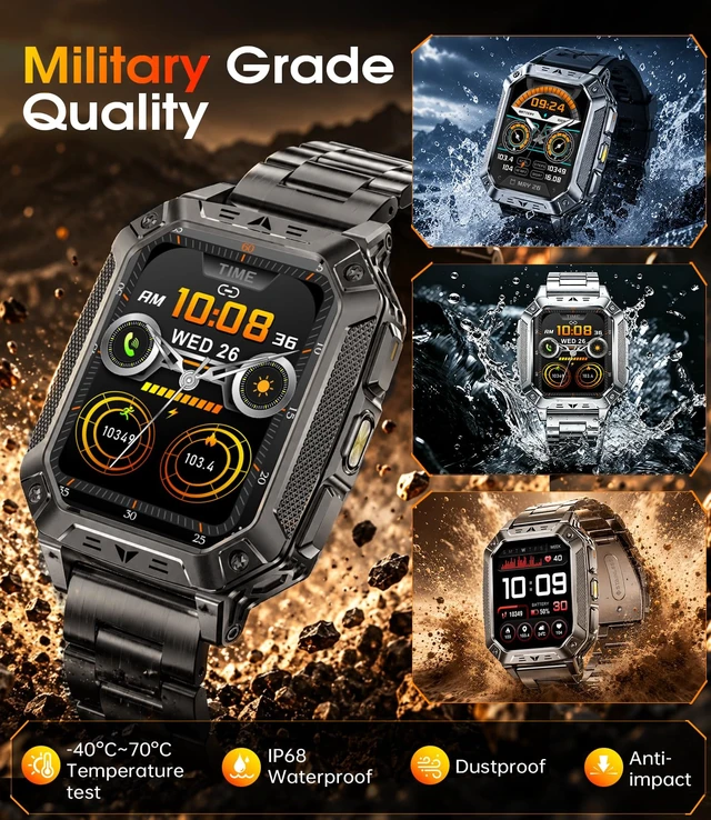 Alt view image 5 of 7 - Military Smart Watch for Men, 2.01" Large Screen with Flashlight, 100Day Long Battery, Answer/Make Calls, 100+ Sports Modes, IP68 Waterproof Outdoor Fitness Tracker for Android & iPhone