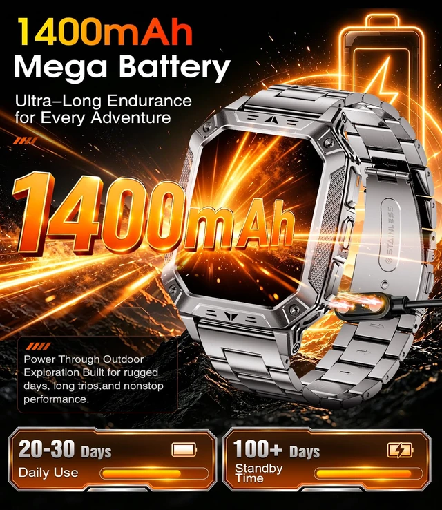 Alt view image 3 of 7 - Military Smart Watch for Men, 2.01" Large Screen with Flashlight, 100Day Long Battery, Answer/Make Calls, 100+ Sports Modes, IP68 Waterproof Outdoor Fitness Tracker for Android & iPhone