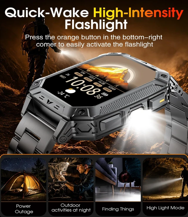 Alt view image 4 of 7 - Military Smart Watch for Men, 2.01" Large Screen with Flashlight, 100Day Long Battery, Answer/Make Calls, 100+ Sports Modes, IP68 Waterproof Outdoor Fitness Tracker for Android & iPhone