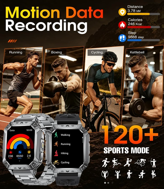 Alt view image 7 of 7 - Military Smart Watch for Men, 2.01" Large Screen with Flashlight, 100Day Long Battery, Answer/Make Calls, 100+ Sports Modes, IP68 Waterproof Outdoor Fitness Tracker for Android & iPhone