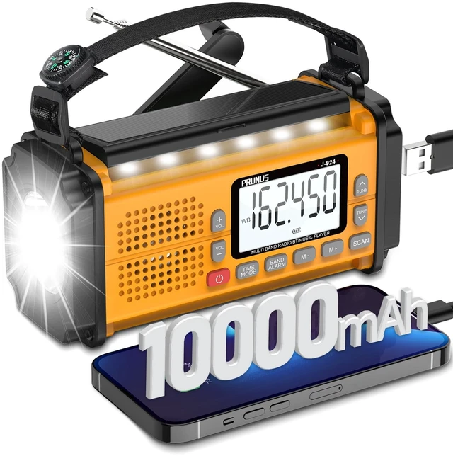 Main image of J-924 10000mAh/37000mWh Hand Crank Emergency Radio NOAA AM FM SW AAA Battery/USB/Solar/Hand Crank Charging, Torch& Reading Light, SOS Alarm, Power Bank NOAA Weather Radio