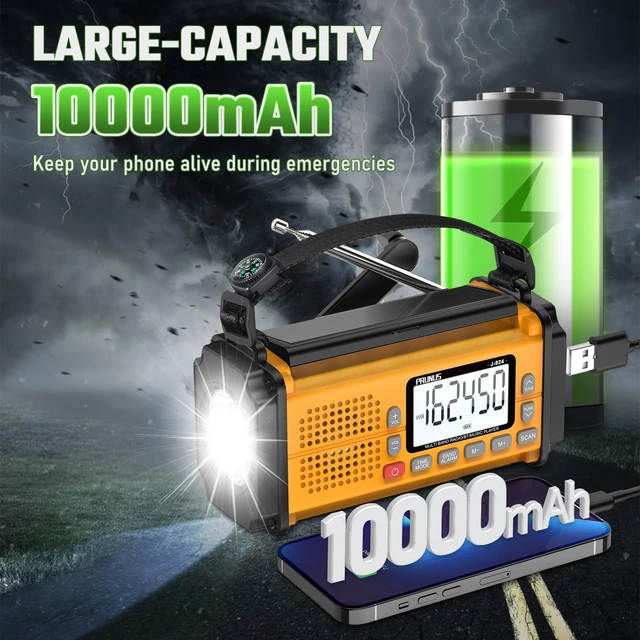 Alt view image 2 of 6 - J-924 10000mAh/37000mWh Hand Crank Emergency Radio NOAA AM FM SW AAA Battery/USB/Solar/Hand Crank Charging, Torch& Reading Light, SOS Alarm, Power Bank NOAA Weather Radio
